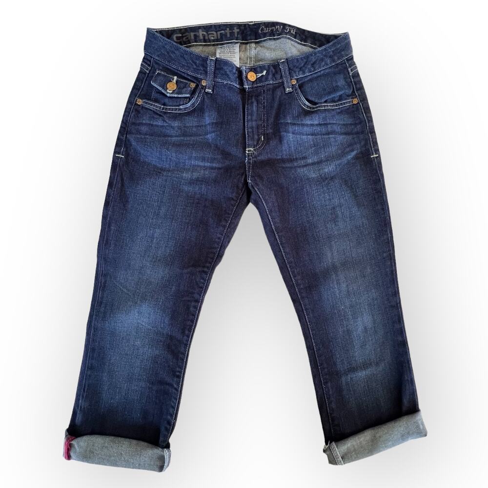 Carhartt Womens Capri Jeans Curvy Fit Dark Stonewashed Blue Leather Patch Cuffed